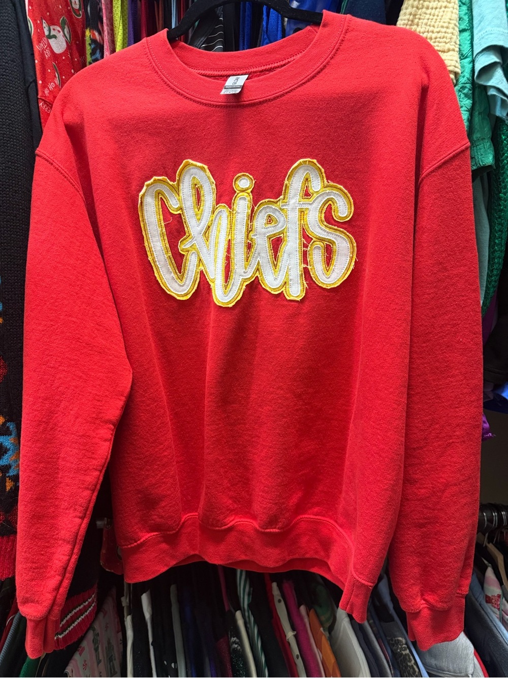 Gildan Red Crewneck Sweatshirt with White and Gold 'Chiefs' Script